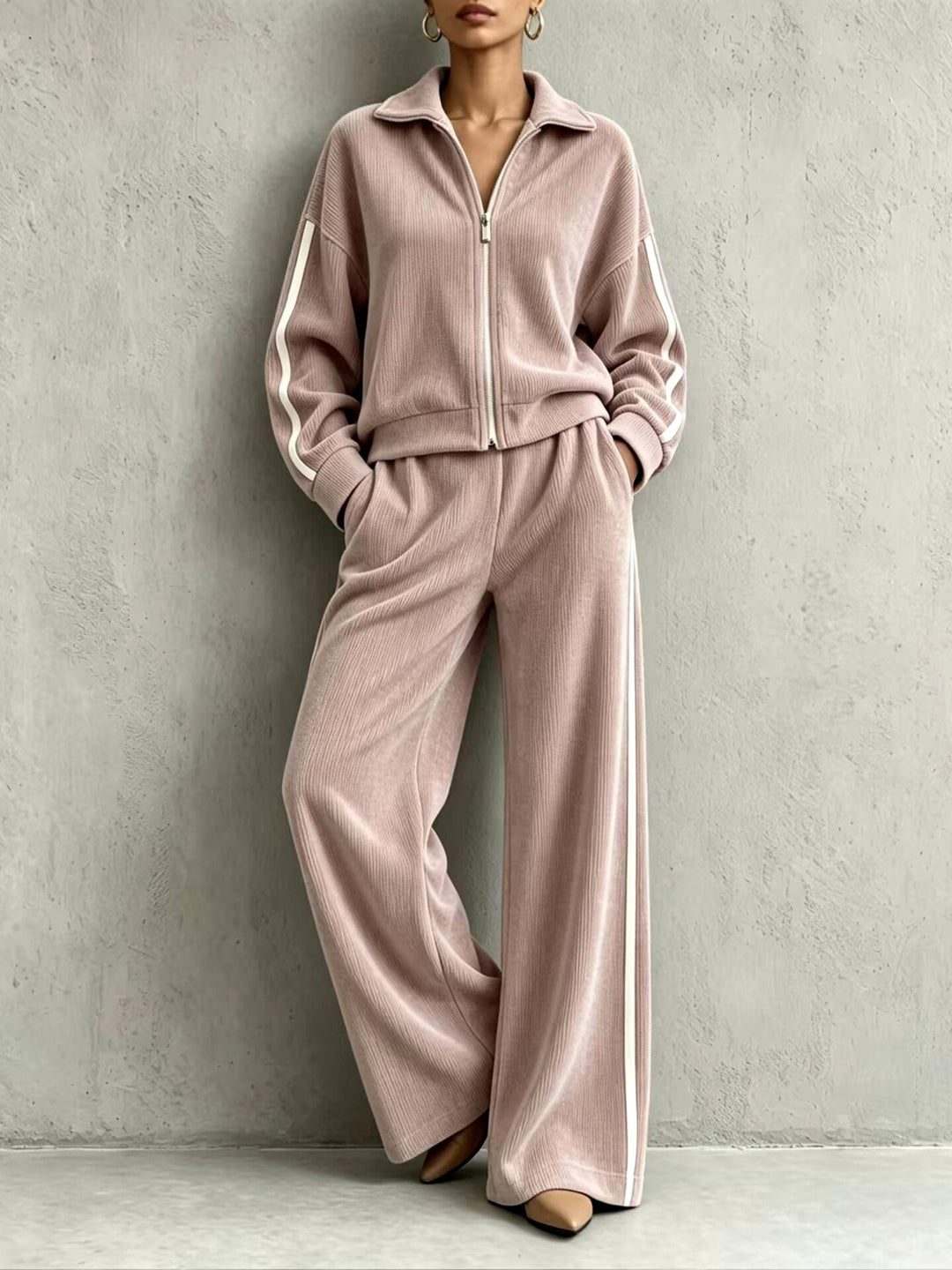 Women's Ribbed Zip-Up Two-Piece Lounge Set