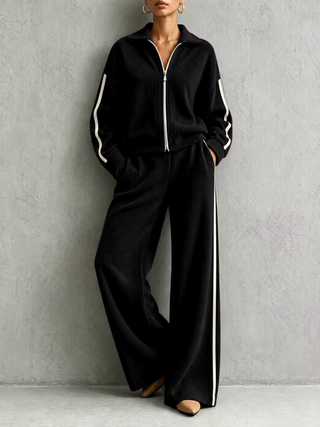 Women's Ribbed Zip-Up Two-Piece Lounge Set