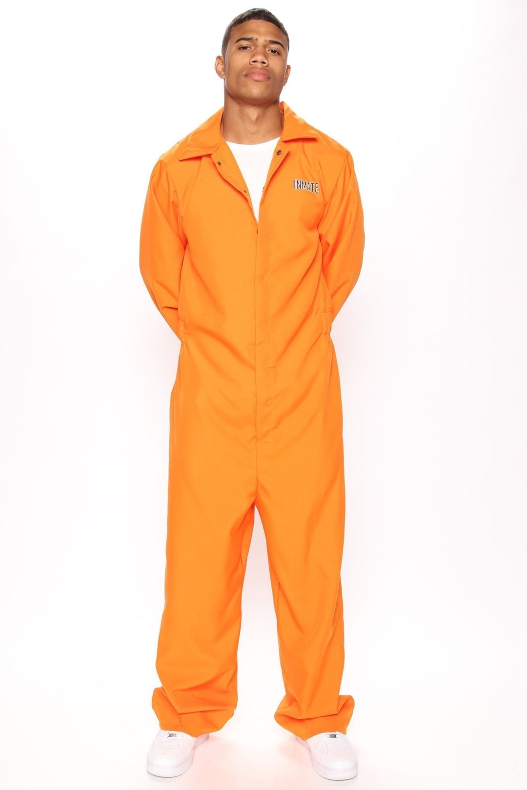 Tuta costume da prigioniero arancione di Halloween con stampa sul petto