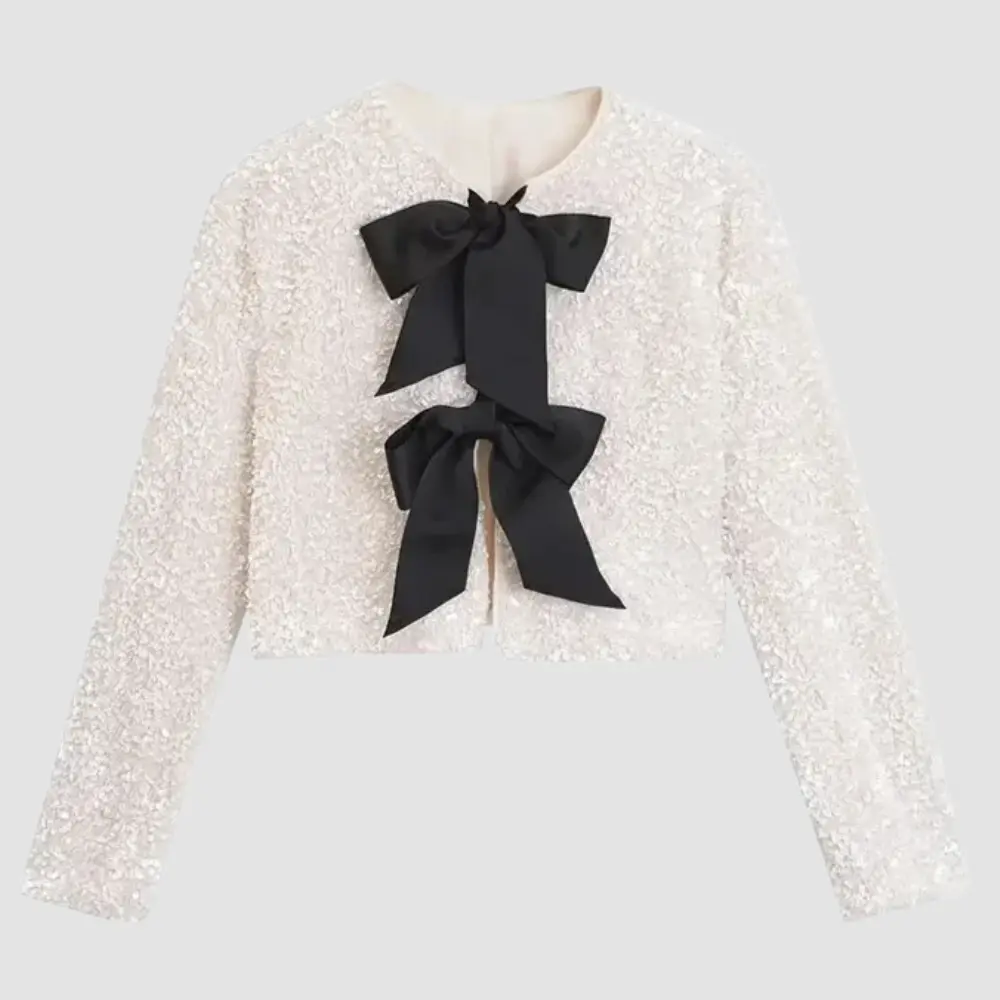 Sequin Bow Blazer for Women White