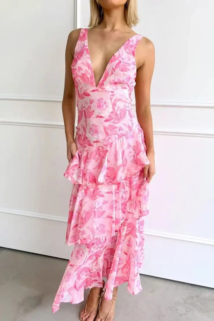 Maria | Kvinders elegant blomster maxi-kjole med lagdelt design