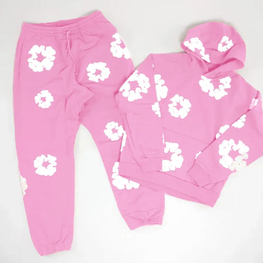 Denim Printed Tracksuit Set for Men & Women – Casual Streetwear Outfit Light Pink suit