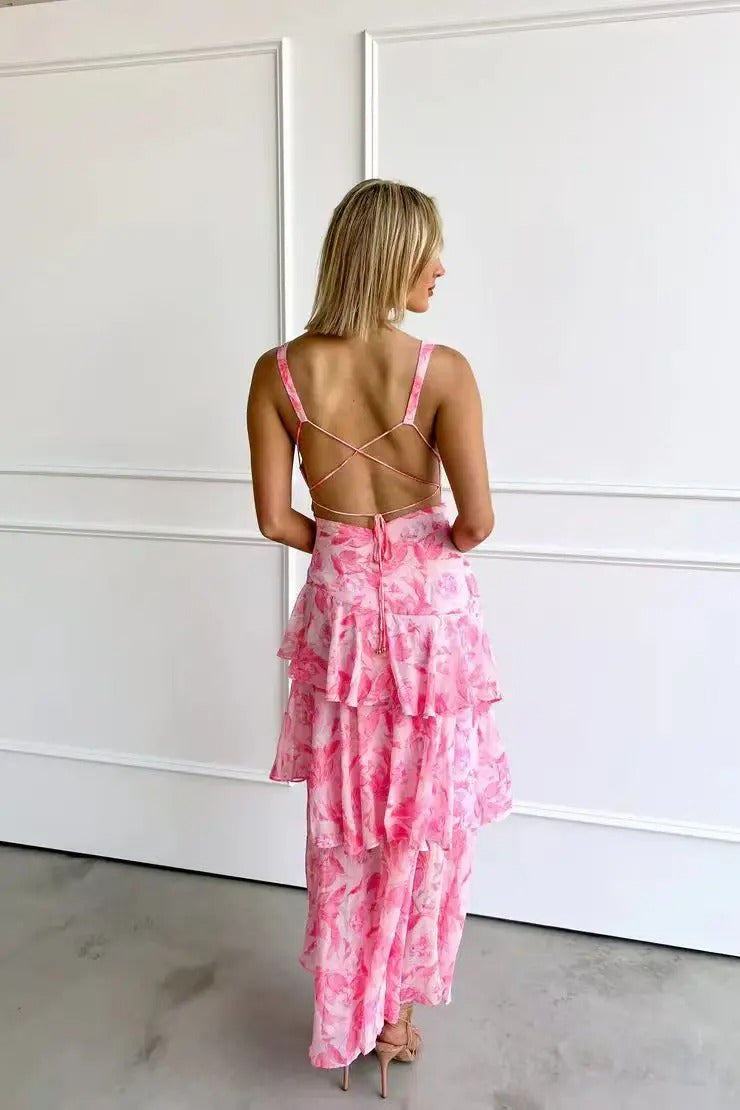 Maria | Kvinders elegant blomster maxi-kjole med lagdelt design