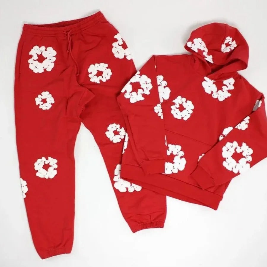 Denim Printed Tracksuit Set for Men & Women – Casual Streetwear Outfit Red suit