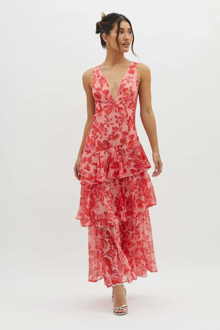Maria | Kvinders elegant blomster maxi-kjole med lagdelt design
