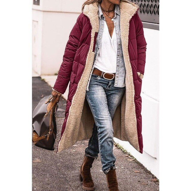Chaqueta acolchada larga reversible para mujer