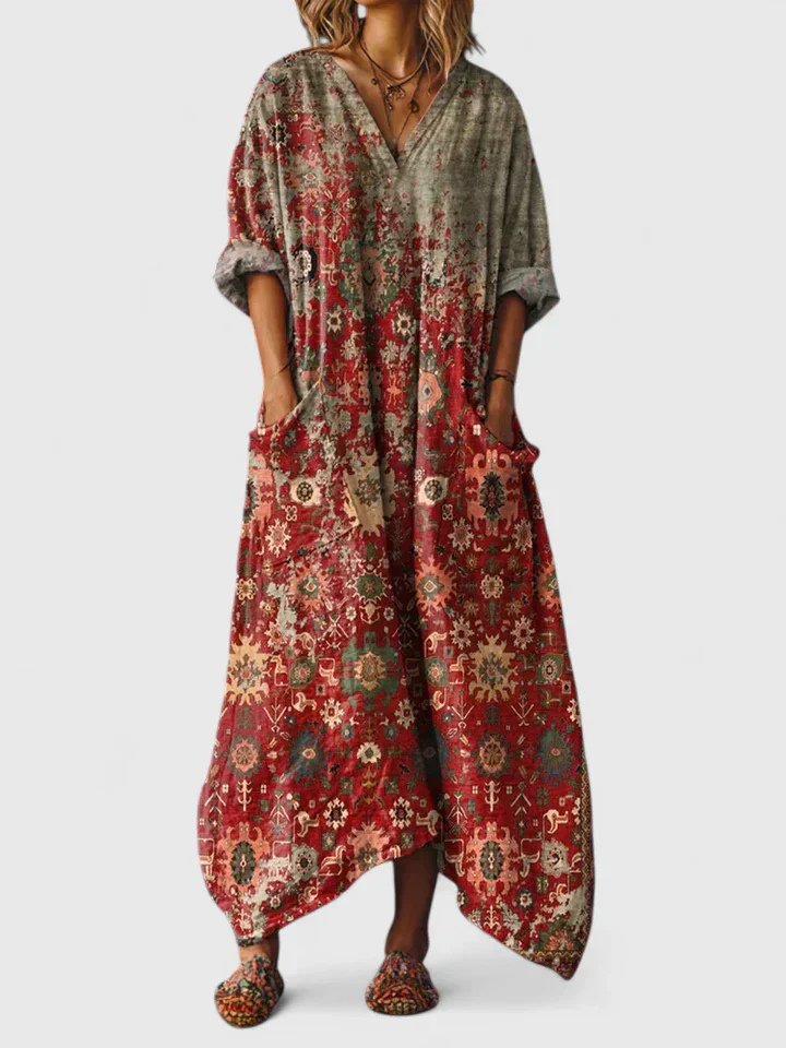 Lily | Kvinders bomulds boheme maxi-kjole med V-hals og lommer