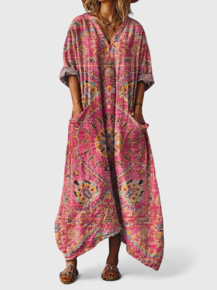 Lily | Kvinders bomulds boheme maxi-kjole med V-hals og lommer