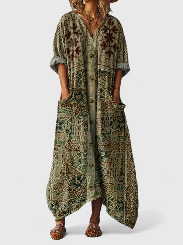 Lily | Kvinders bomulds boheme maxi-kjole med V-hals og lommer