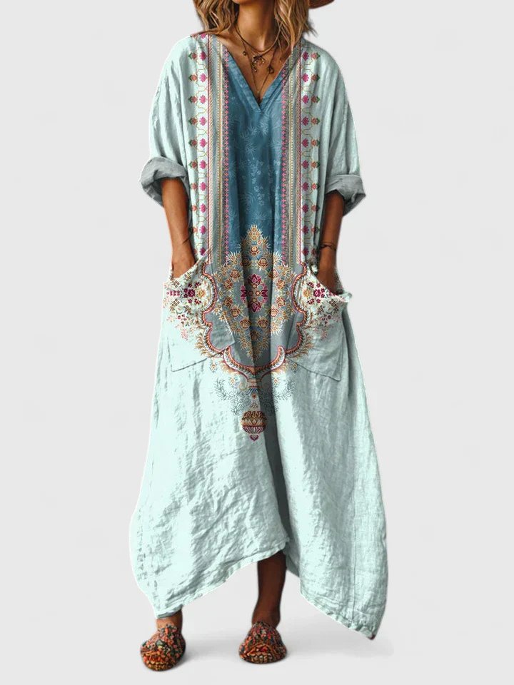 Lily | Kvinders bomulds boheme maxi-kjole med V-hals og lommer