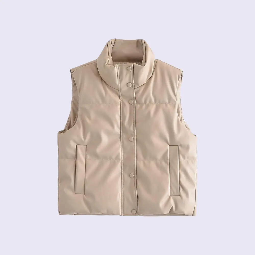 Faux Leather Puffer Vest for Women Beige