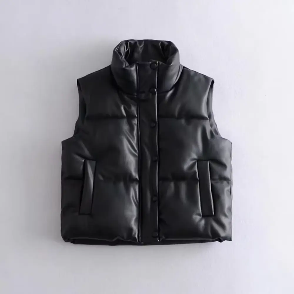 Faux Leather Puffer Vest for Women Black