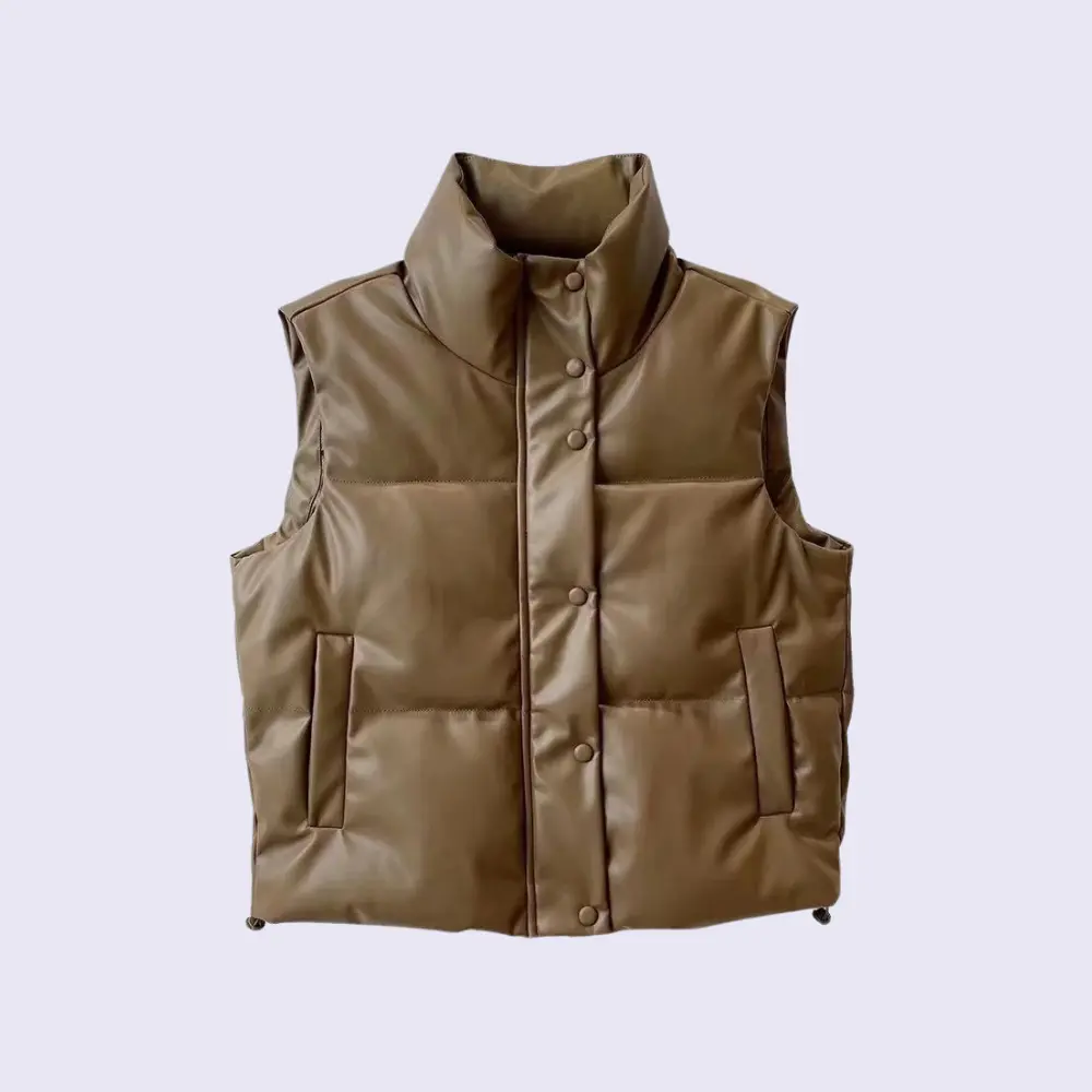 Faux Leather Puffer Vest for Women Brown