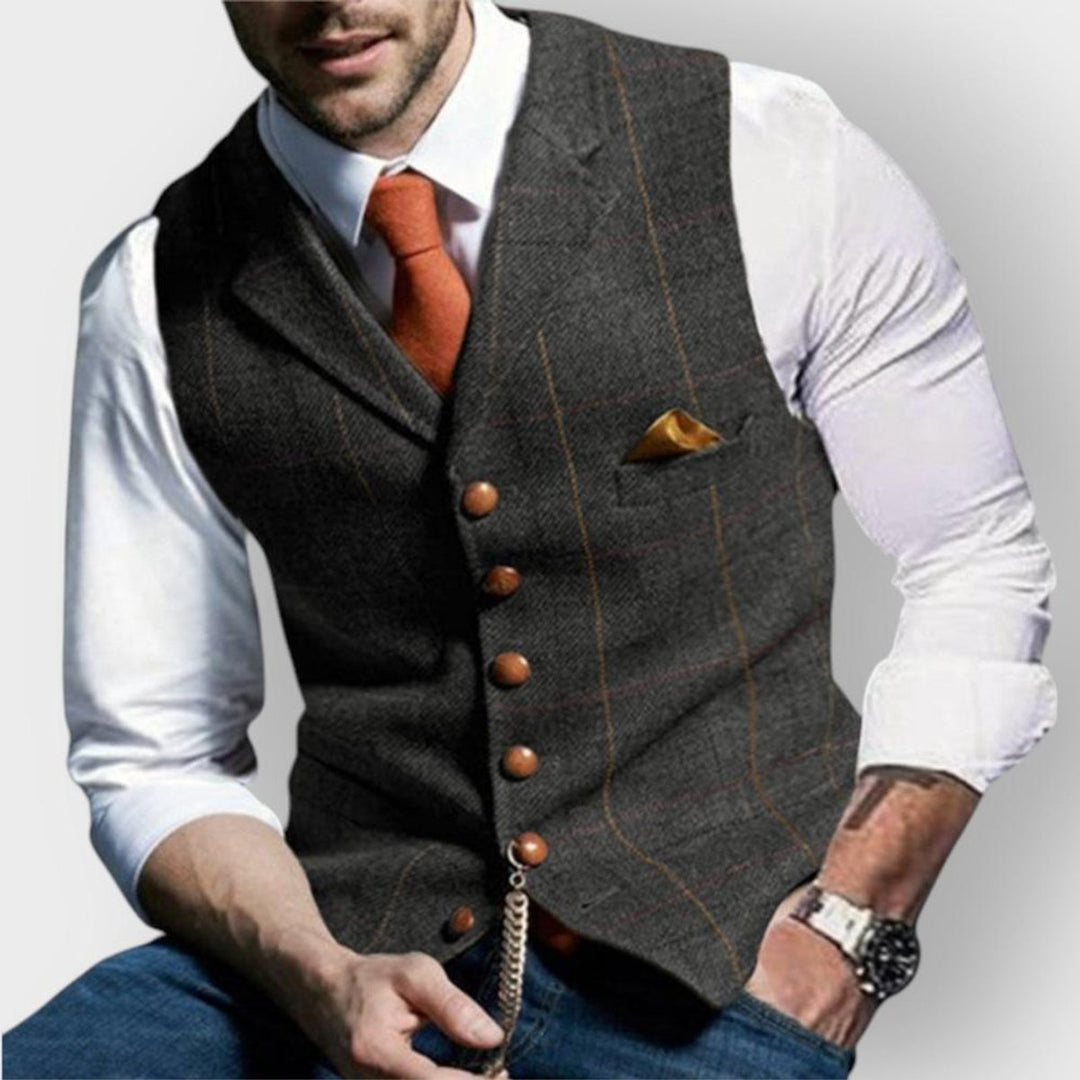Jacob | Mænds tætsiddende vest med sildebensmønster i tweed og knapper