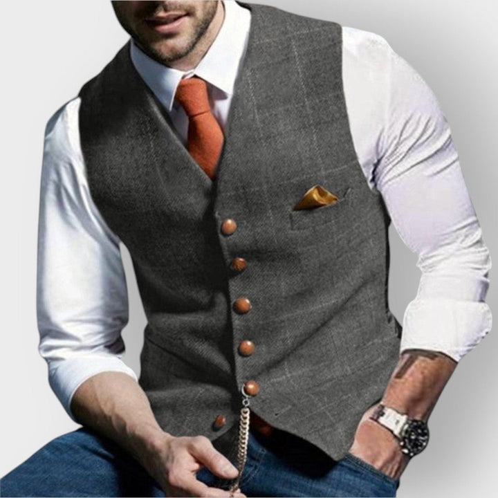 Jacob | Mænds tætsiddende vest med sildebensmønster i tweed og knapper