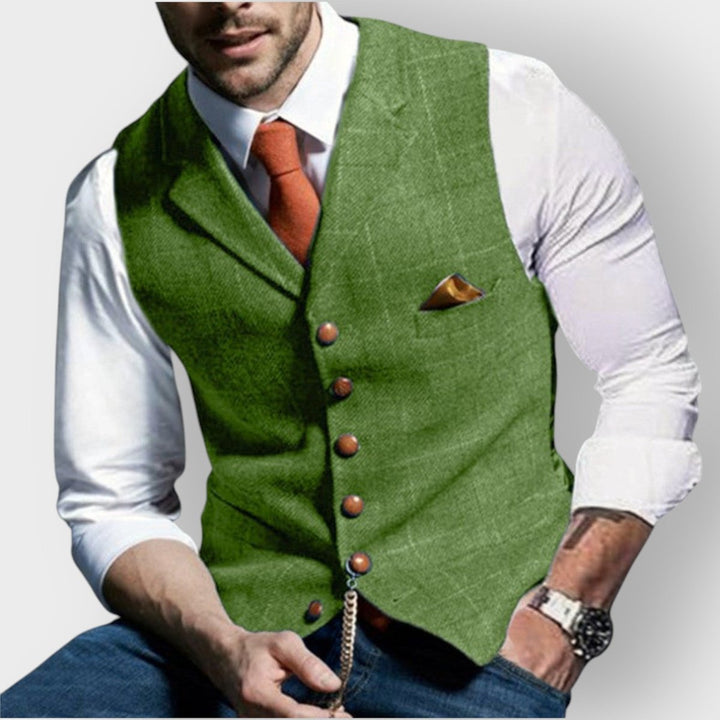 Jacob | Mænds tætsiddende vest med sildebensmønster i tweed og knapper
