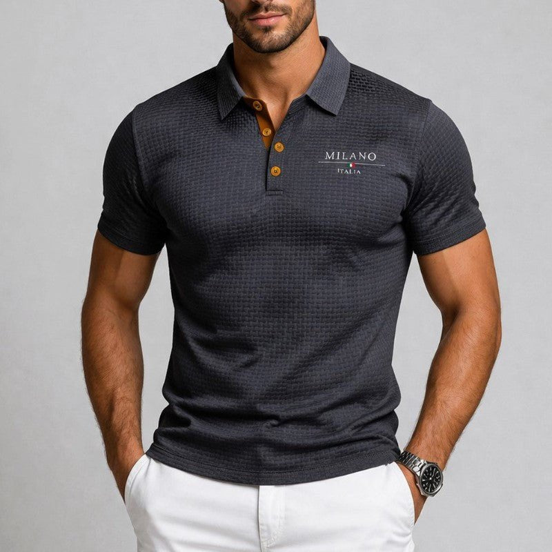 James | Men's Textured Polo Shirt with Button Placket and Embroidery