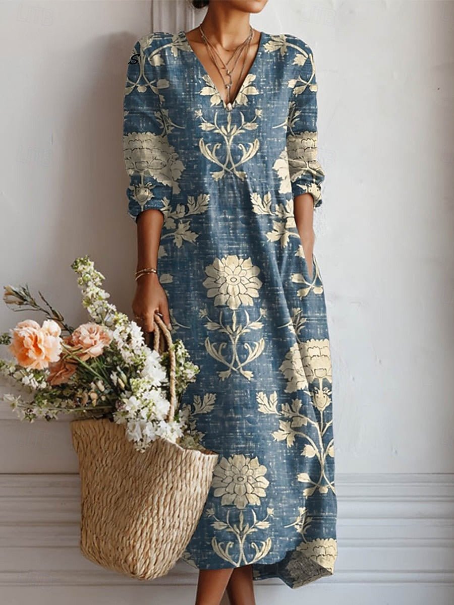 Evelyn | Vestito midi da donna in lino con scollo a V, floreale bohemien e maniche 3/4