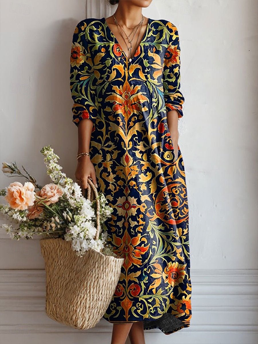 Freya | Robe midi femme en coton à col en V imprimé baroque bohème