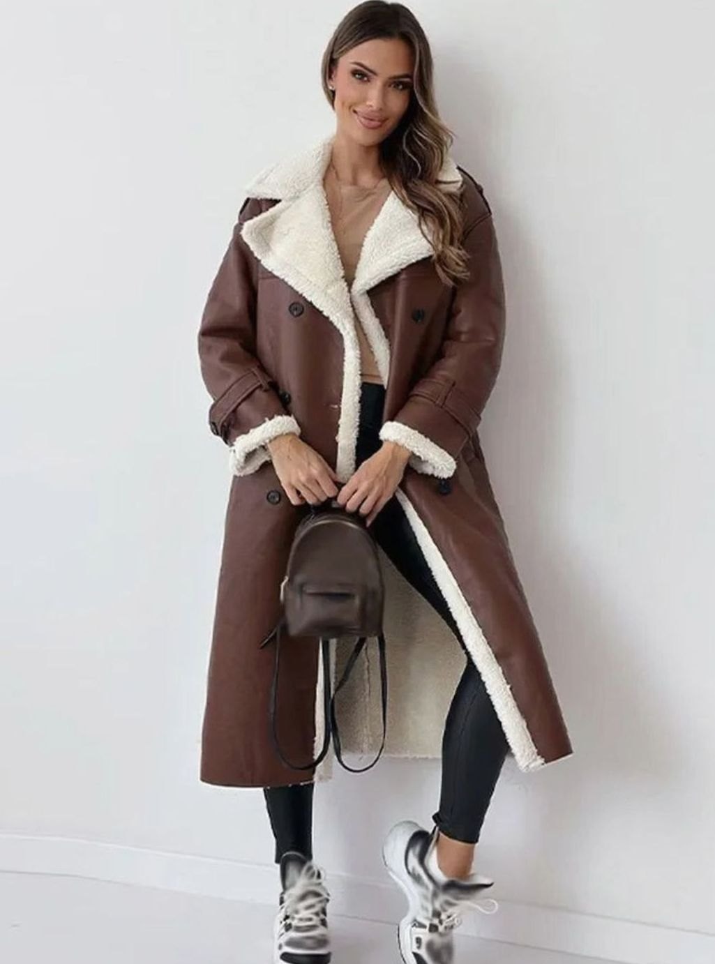 Women's Long Double-Breasted Faux Shearling Winter Jacket