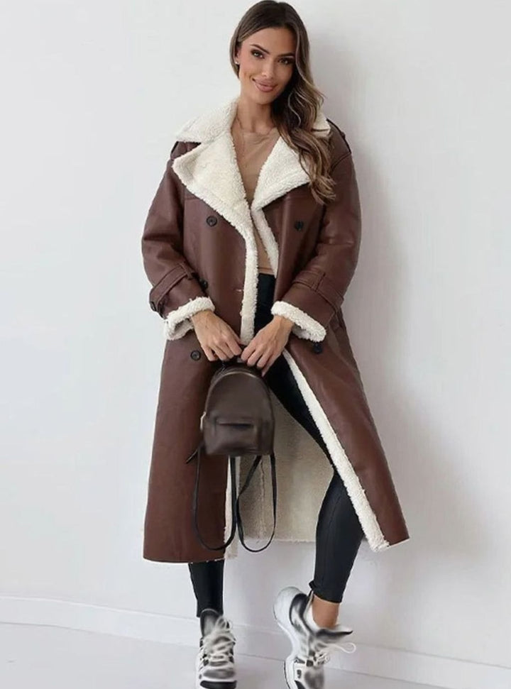 Women's Long Double-Breasted Faux Shearling Winter Jacket