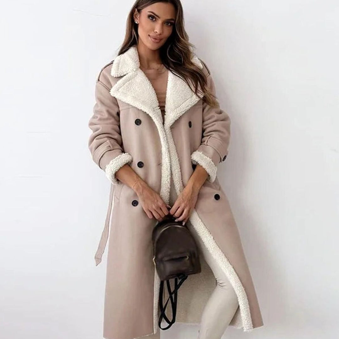 Women's Long Double-Breasted Faux Shearling Winter Jacket