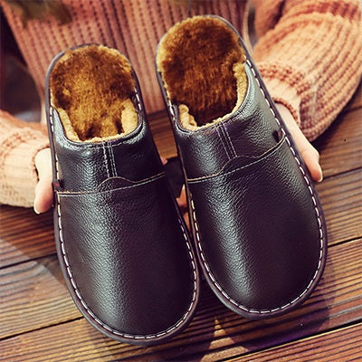 Women's Waterproof Leather Slippers Black