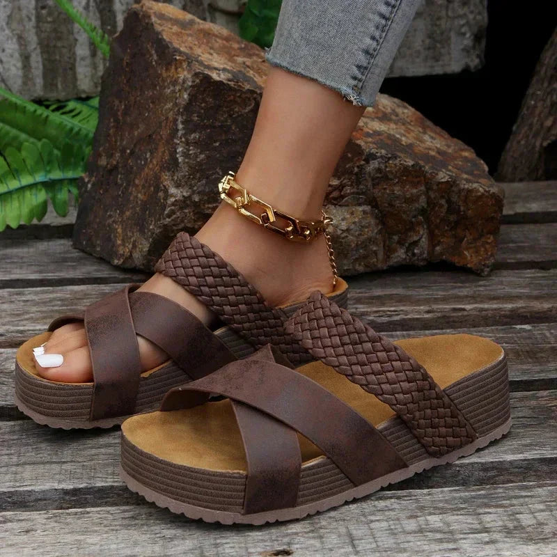 Women's Comfort Flatform Cork Sandals - Vegan Leather Brown