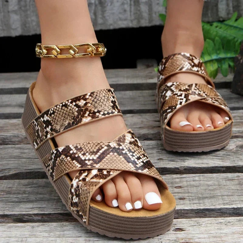 Women's Comfort Flatform Cork Sandals - Vegan Leather Snake print