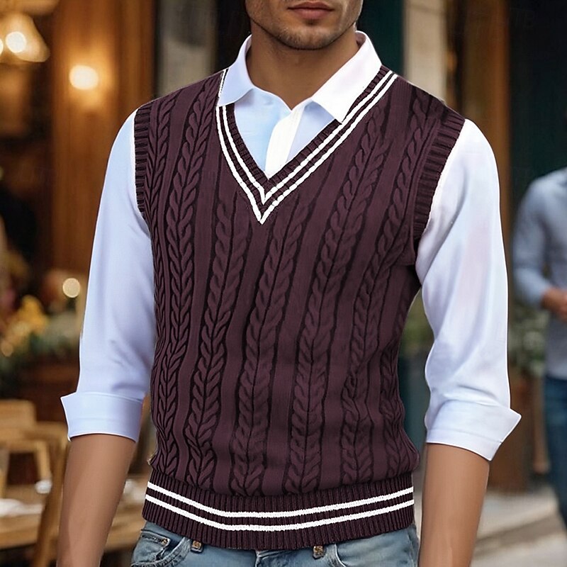 Chaleco de punto trenzado con cuello de pico para hombre