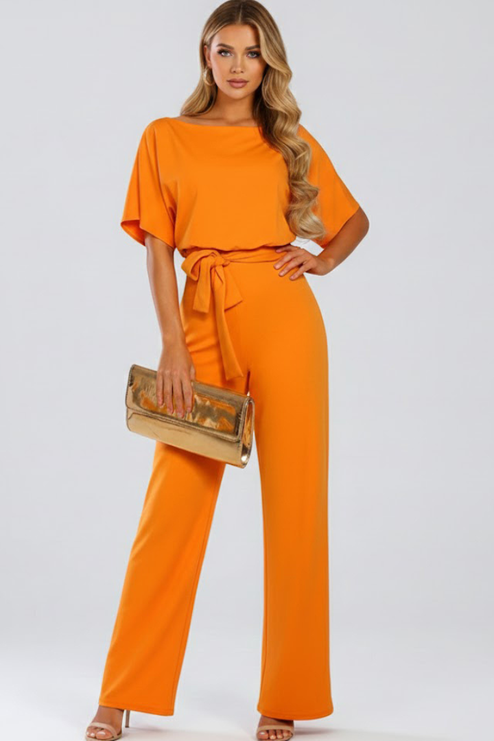 Oona | Kortærmet jumpsuit til kvinder med brede ben og bælte-look