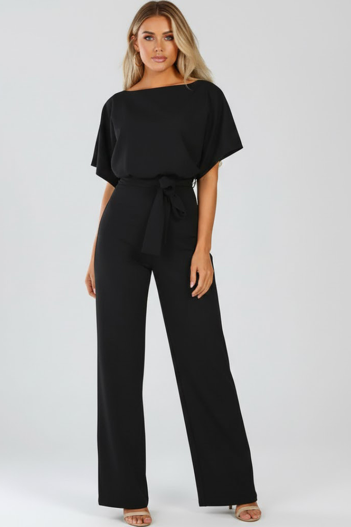 Oona | Kortærmet jumpsuit til kvinder med brede ben og bælte-look