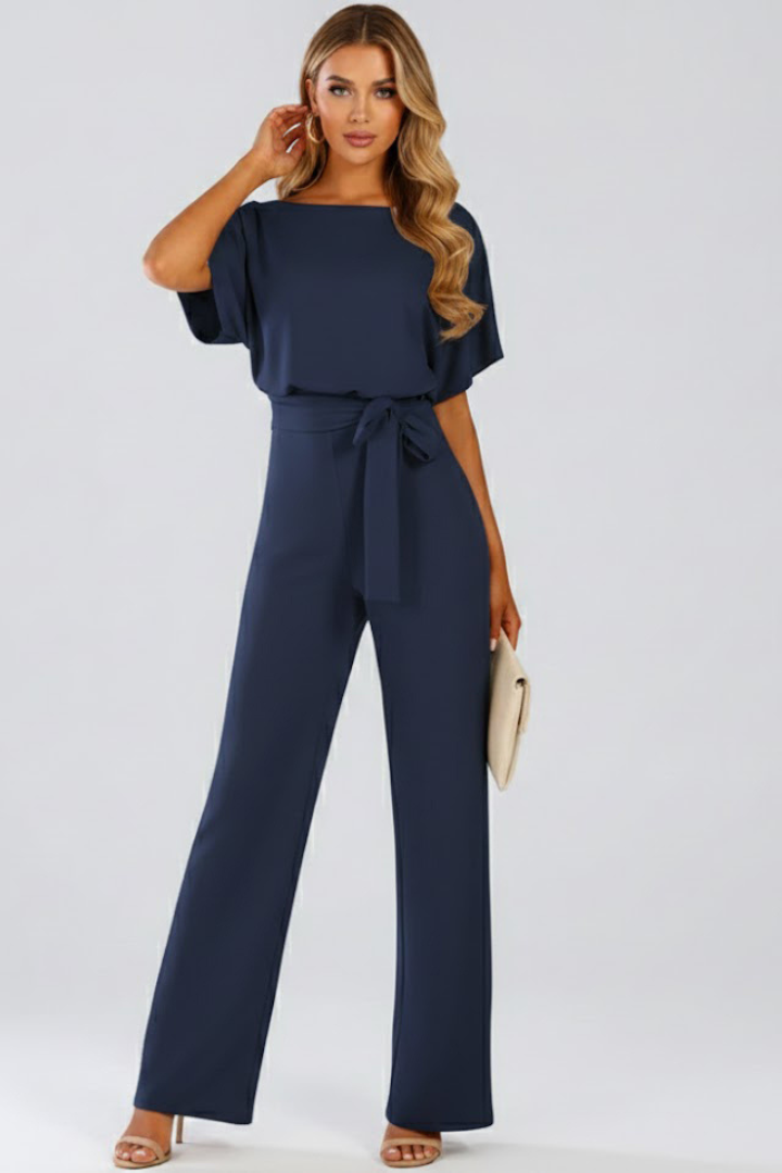 Oona | Kortærmet jumpsuit til kvinder med brede ben og bælte-look