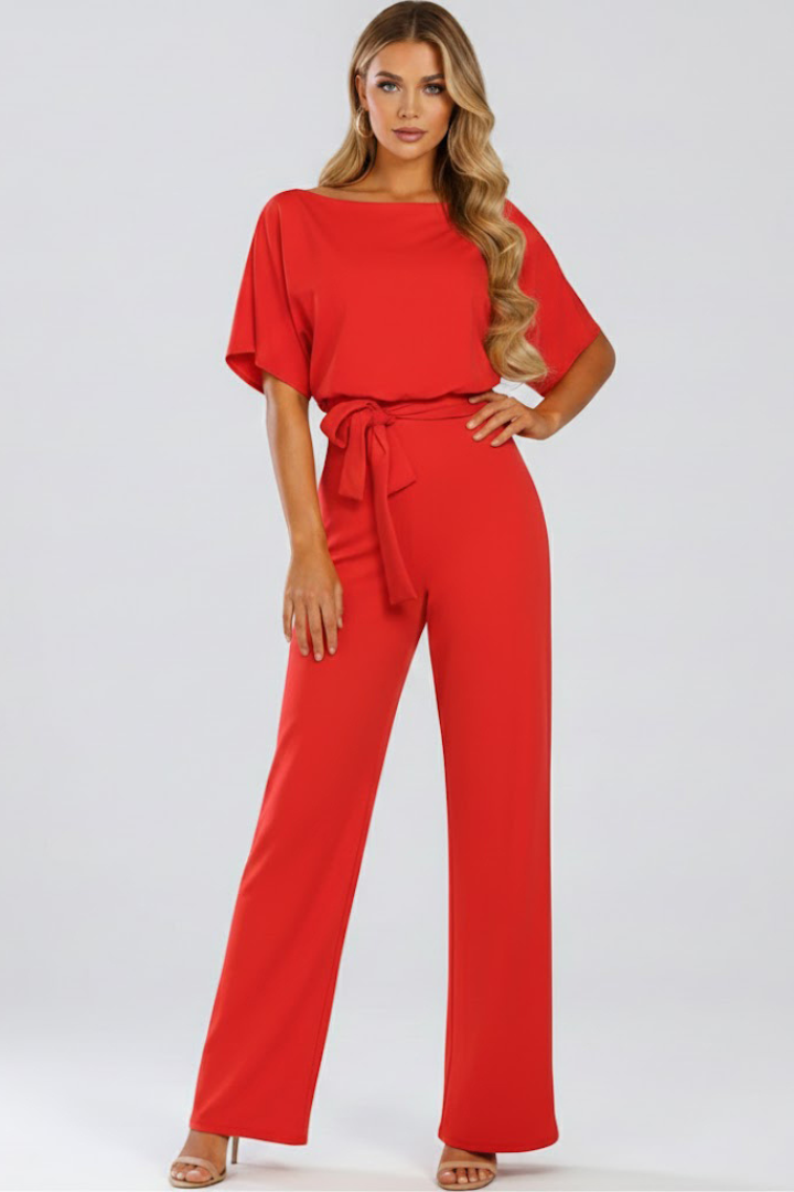 Oona | Kortærmet jumpsuit til kvinder med brede ben og bælte-look