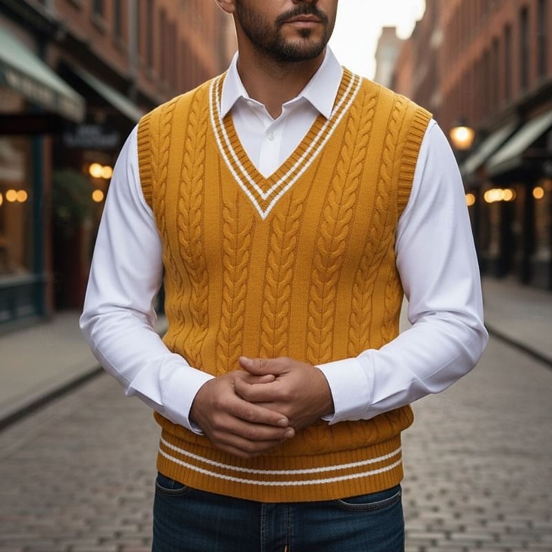 Chaleco de punto trenzado con cuello de pico para hombre