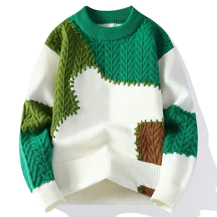 Suéter de punto para hombre con cuello redondo, diseño de bloques de color y paneles de punto texturizado