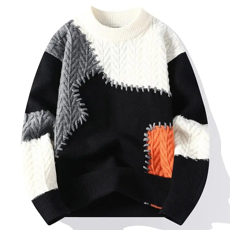 Suéter de punto para hombre con cuello redondo, diseño de bloques de color y paneles de punto texturizado