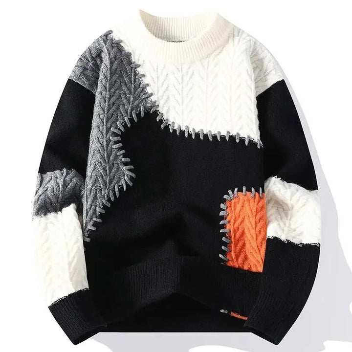 Suéter de punto para hombre con cuello redondo, diseño de bloques de color y paneles de punto texturizado