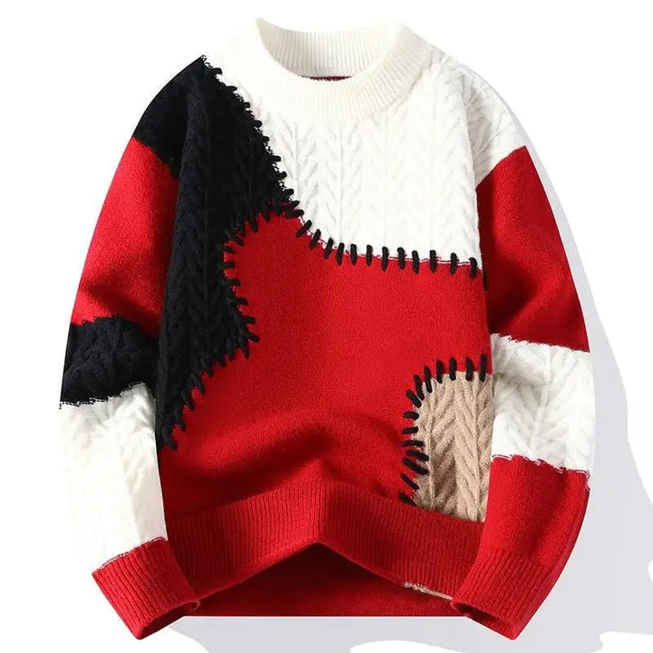 Suéter de punto para hombre con cuello redondo, diseño de bloques de color y paneles de punto texturizado