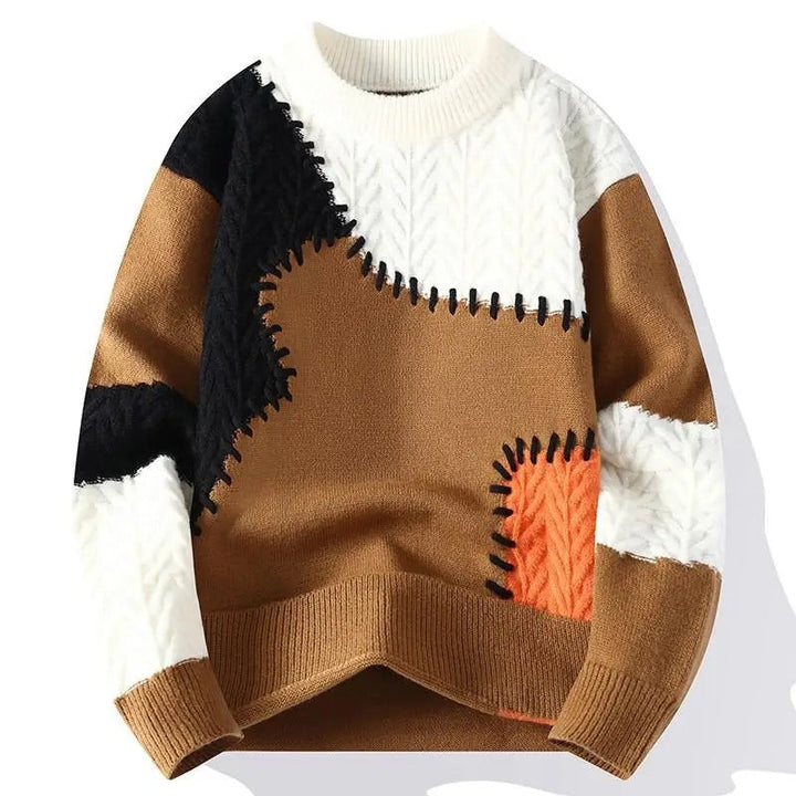 Suéter de punto para hombre con cuello redondo, diseño de bloques de color y paneles de punto texturizado