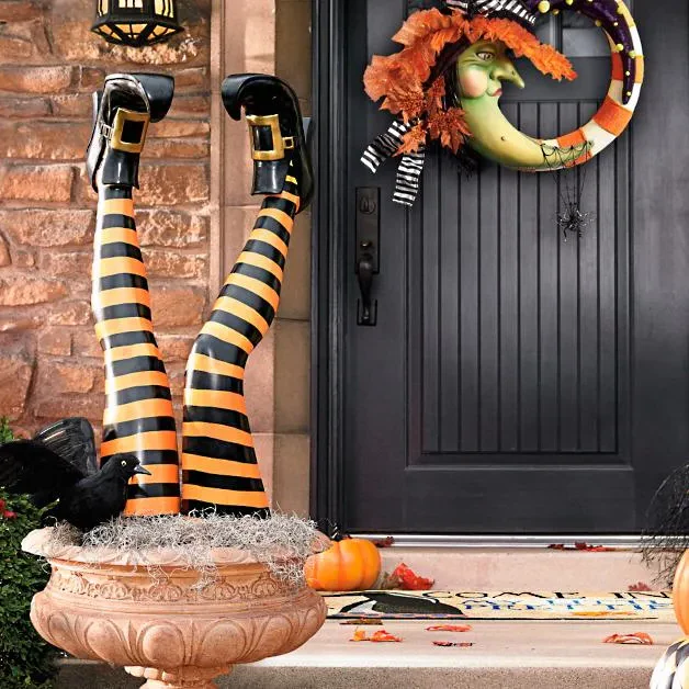 Estacas de Jardim com Pernas de Bruxa, com Design às Riscas e Botas Douradas, Conjunto de 2