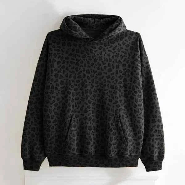 Leopard Print Hoodie For Unisex Casual Streetwear Style Black