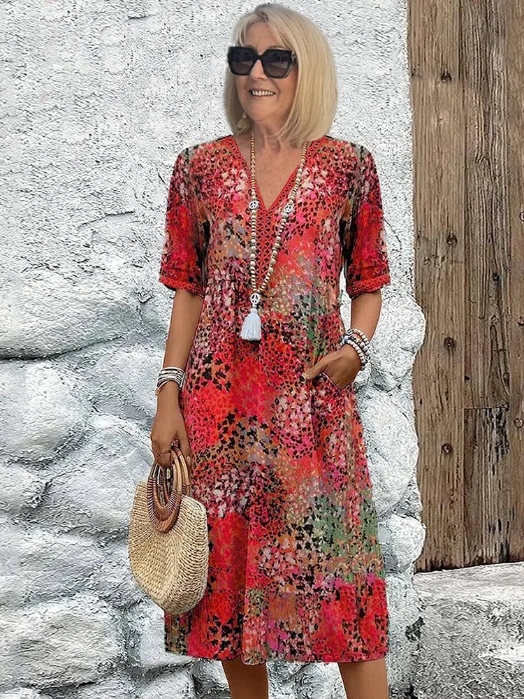 Emily | Damen Midi-Kleid in Übergröße mit V-Ausschnitt, Blumenmuster und Taschen