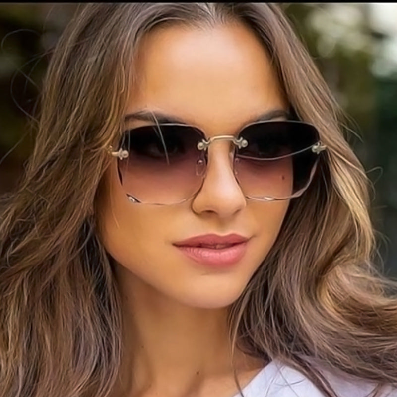 Trendy Rimless Square Sunglasses Brown Gray