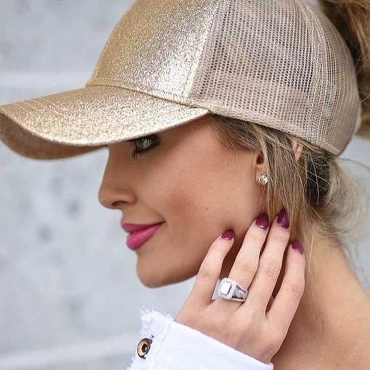 High Ponytail Baseball Cap For Women Outdoor Sun Protection Glitter gold