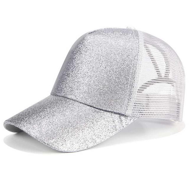 High Ponytail Baseball Cap For Women Outdoor Sun Protection Glitter Silver