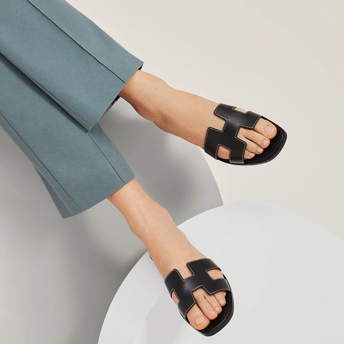 H Strap Leather Sandals For Everyday Comfort And Style Black