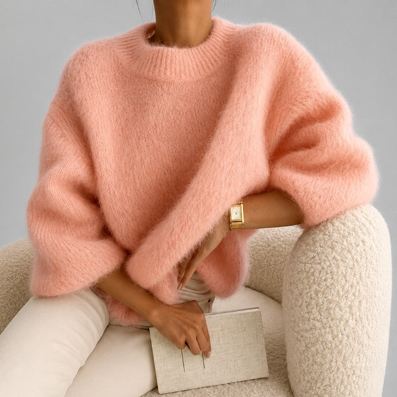 Suéter extragrande de punto de tacto suave con cuello redondo para mujer