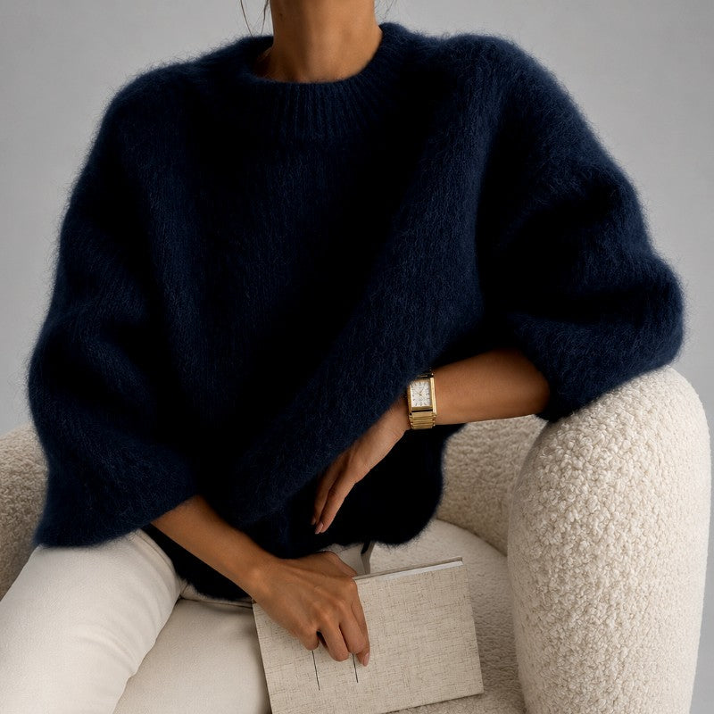 Suéter extragrande de punto de tacto suave con cuello redondo para mujer