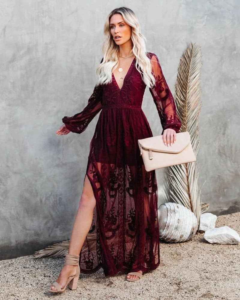 Vestido Maxi Boho Vermelho de Renda para Mulher